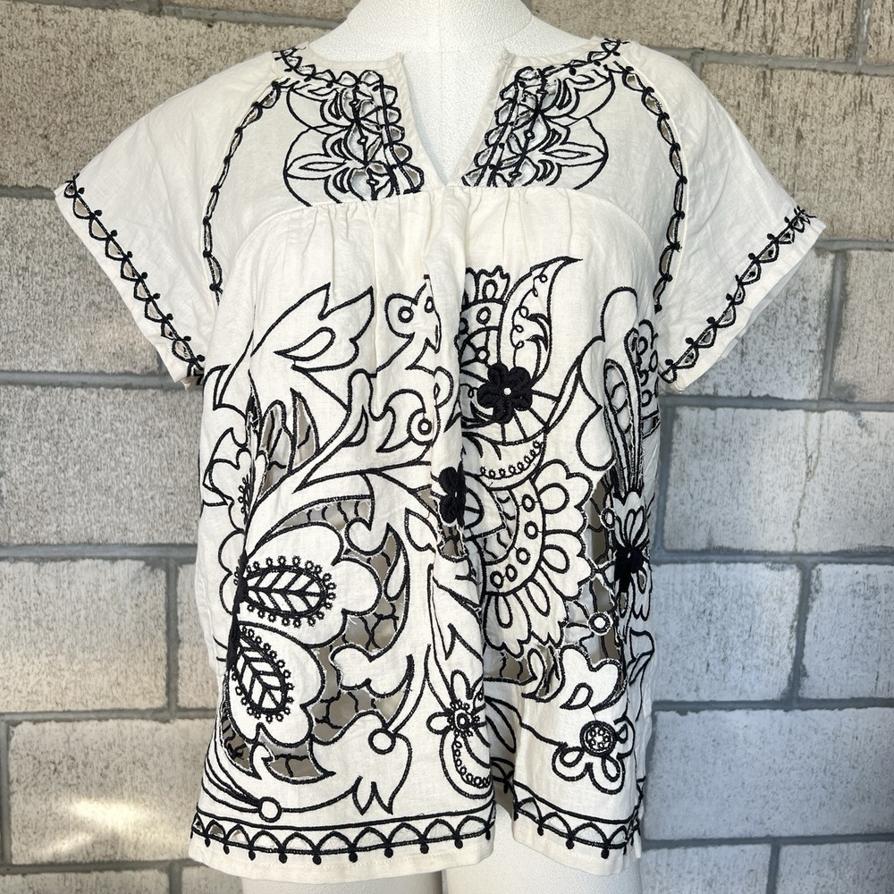 Anthropologie VanessaVirginia Top Sz 10 Eyelet Linen Blouse cutwork embroidered
